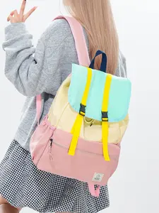 Macaron Color Block Flap Backpack with Yellow Buckle Design Large Capacity Student Schoolbag for Casual Commute Travel