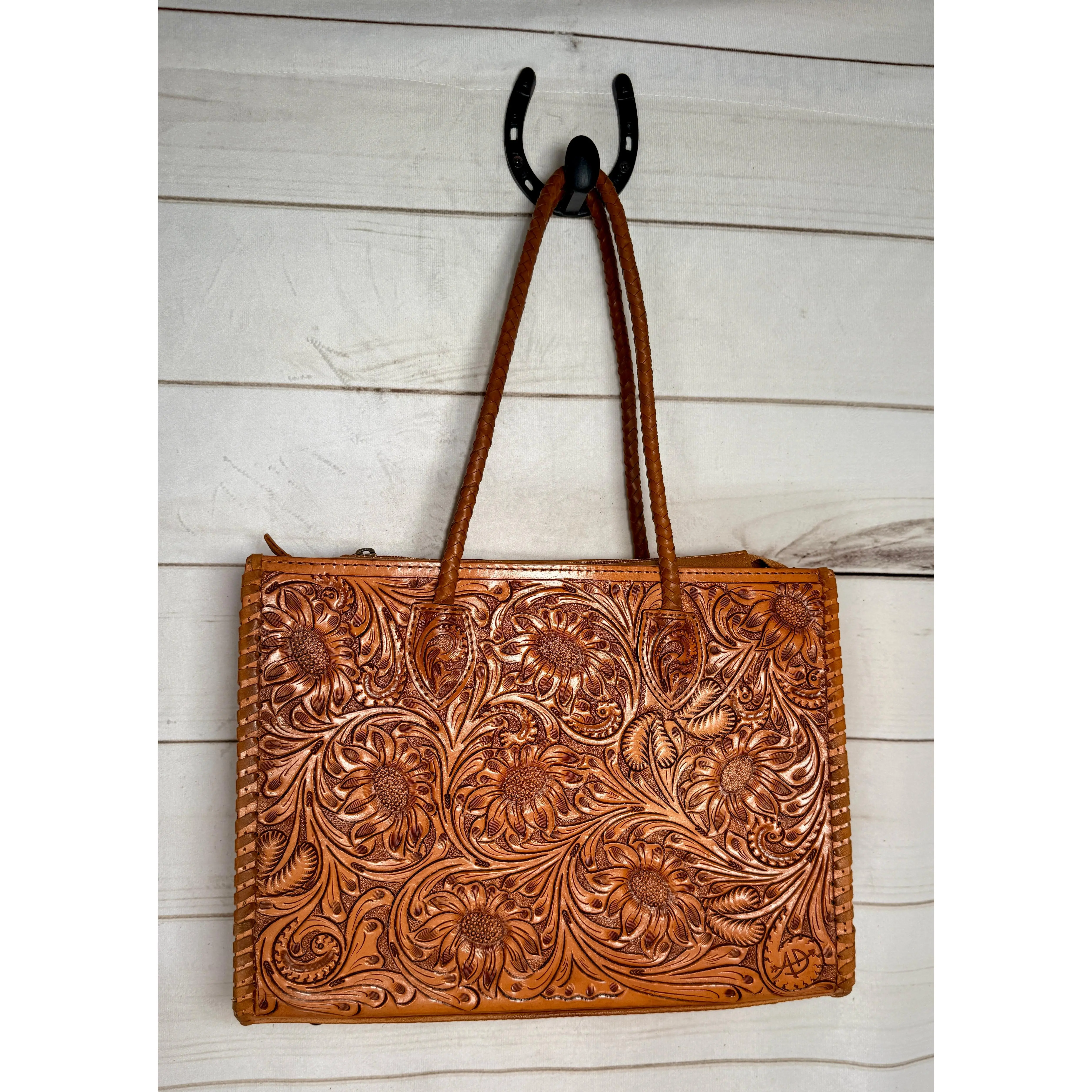Braided Strap Sunflower Tooled Leather Tote