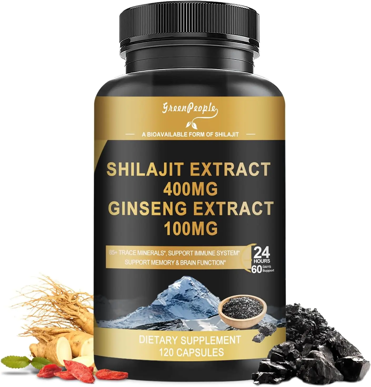 Shilajit Daily Supplement Pills, 400mg Ginseng Blend with Fulvic Acid Minerals, High-Strength Prop 65 Safe for Adults, Energy Support & Body Health (120 Count)