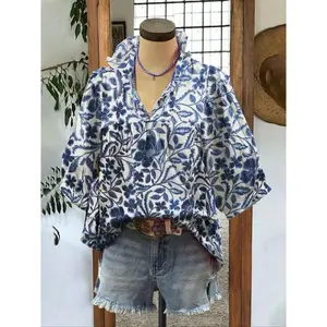 Women's Floral Print Blouse, Boho Casual Top for Daily Holiday Vacation Wear, Ladies Clothes for Summer