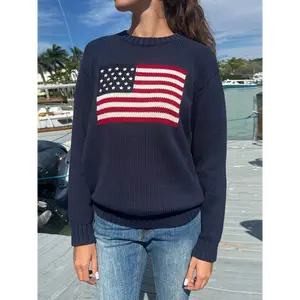 Women's Oversized American Flag Sweater - American Flag Pullover, Star-striped Design, Navy And Red Round Neck Winter Sweater, Suitable For Independence Day, Christmas, Casual Wear Cotton Fabric Womenswear Hoodie Knitted Print Knitwear Tops