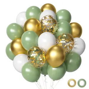 50 Pcs Sage Green, Gold & White Balloons, Confetti Balloons for Birthday, Wedding & Party Decoration