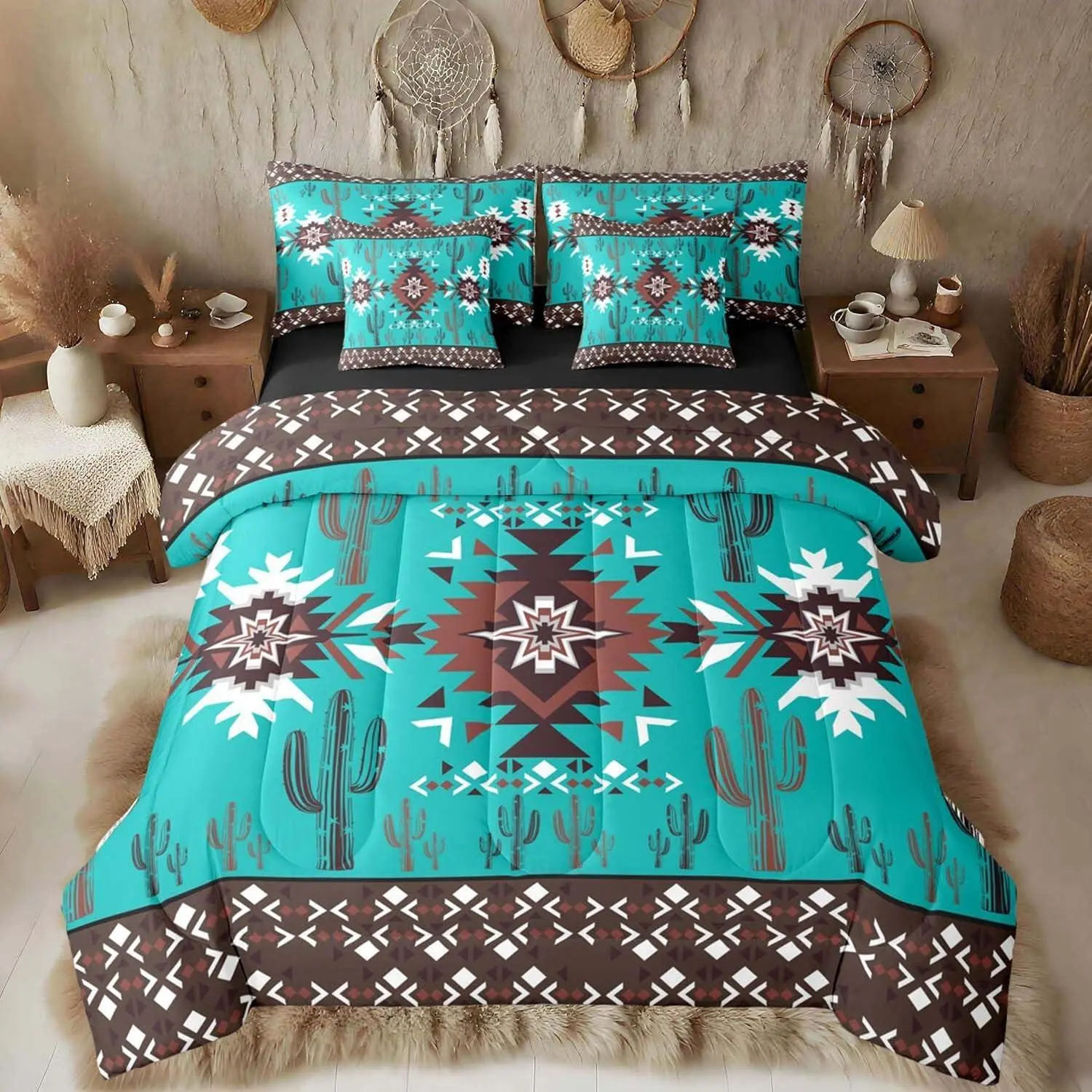 Green Southwestern Aztec Comforter Set with Sheets Geometric Vintage Bed in a Bag Boho Tribal Rustic Western Exotic Cactus 7 Pieces Bedding Set Bedroom Decor