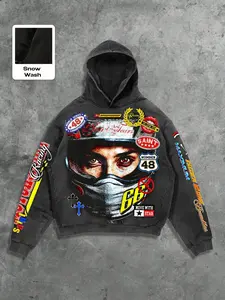 Men Women Hoodie Sweatshirt, Long Sleeve, Washed Vintage Style, Helmet Design Graphic Print, Casual Loose Fit Long Pullover, All Seasons Fashion