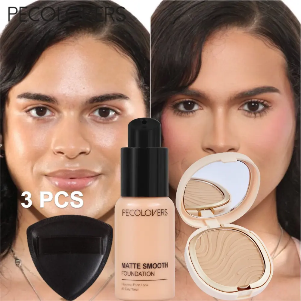 3Pcs Blending Foundation And Powder Puff And Pressed Powder Set, Skin Friendly Flawless Makeup Kit, Delicate Finishing Complexion Tool, Daily Beauty Suit For Office And Casual Outings, Ivory And Warm Beige, Facial Cosmetic