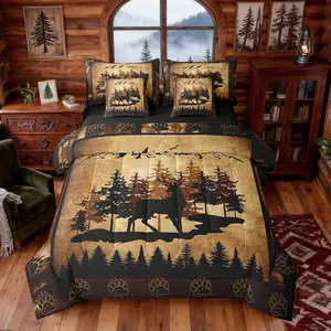 7 Pcs Deer Silhouette Comforter Set with Sheets Jungle Paw Trees Wild Animal Bedding Set,for Kids Teens Adults All Season Bedroom Dorm Decor Lightweight Bed Set