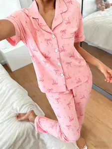 Women's Short Sleeve Pyjama Set, Ankle Length, All over Print, Loose-Fitting, Soft and Breathable, Casual Home Wear, Base with Bow Design