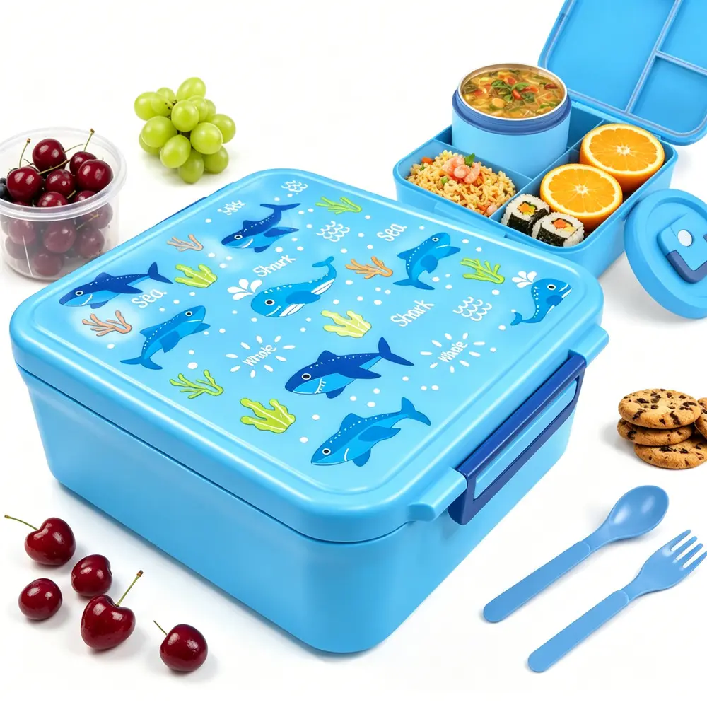 Insulated Reusable 4-Compartment Food Storage Container, Leakproof Bento Lunch Box with Soup Cup & Spoon, BPA-Free PP, Microwave & Dishwasher Safe for Car Interior Accessory Use