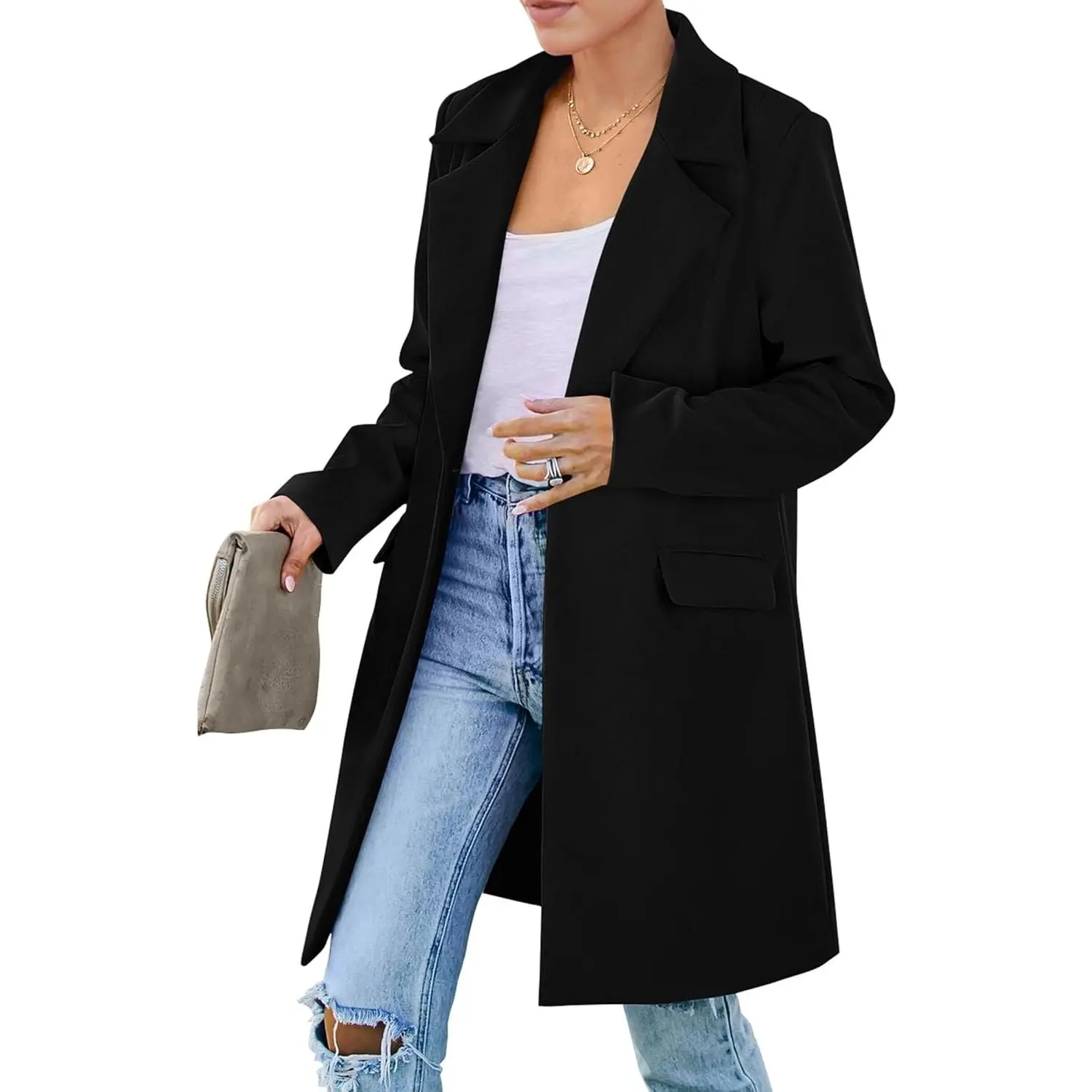Women's Business Casual Long Blazer Jackets | Notch Lapel, Padded Shoulder, Long Sleeve Loose Fit, Winter Suit Jacket with Pockets, Office Work Outfits, Fall Clothes