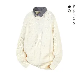 Men's Cozy Soft Fake Two Piece Shirt Collar Cable Knit Sweater Textured Knit Design Oversized Fit Multiple Colors Pullover for Daily Casual Wear Office Layering Knitwear Menswear Stylish Suits Tops Long Sleeve Plain FallFreshness