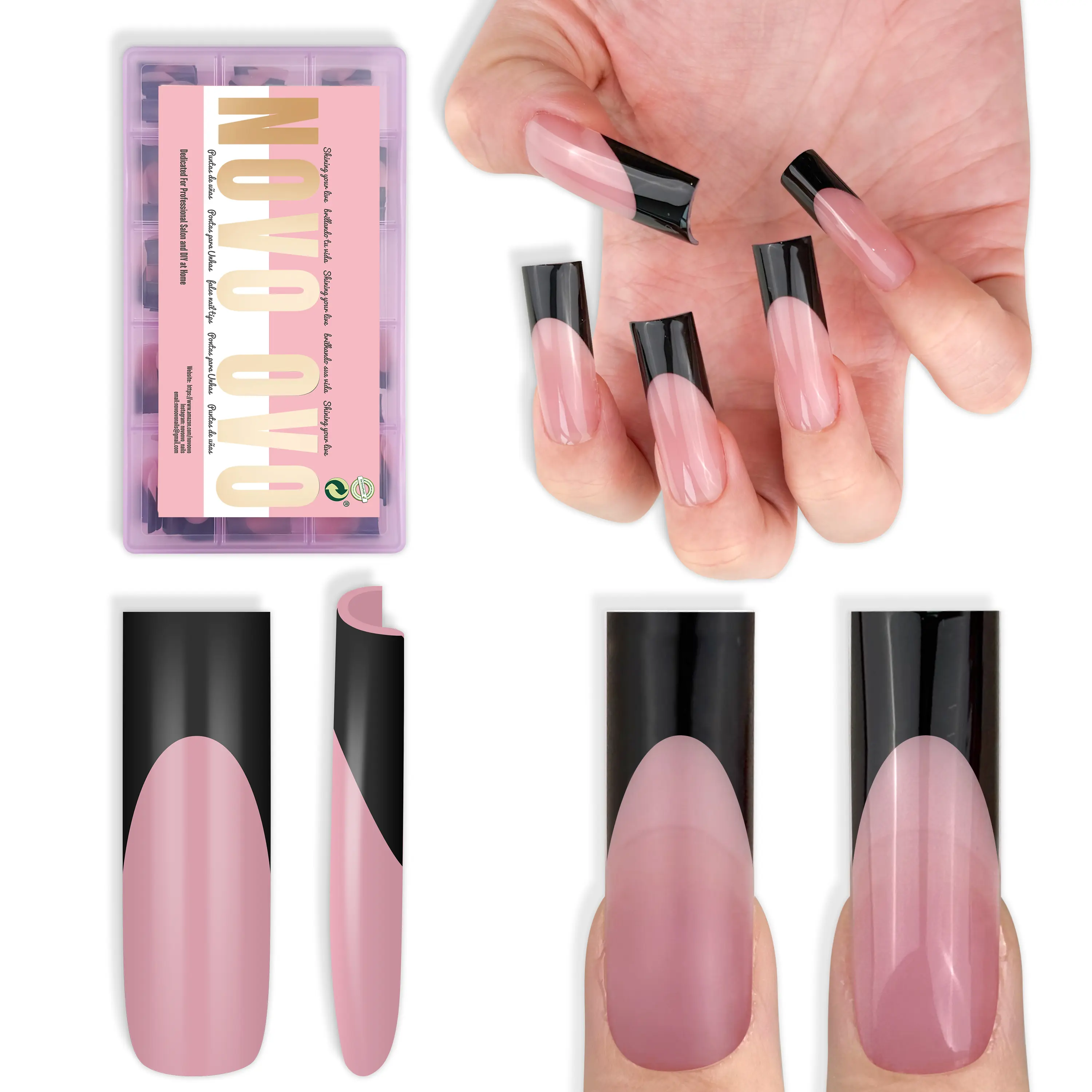 NOVO OVO Long Sharp Square Black French Tip Nail Tips Press on BERRY PINK, Extra Thick NEED Builder Gel & Top Coat & Glue, Soft Gel full Cover False Fake Nail Extension for Salon DIY x 15 Sizes 180 pcs