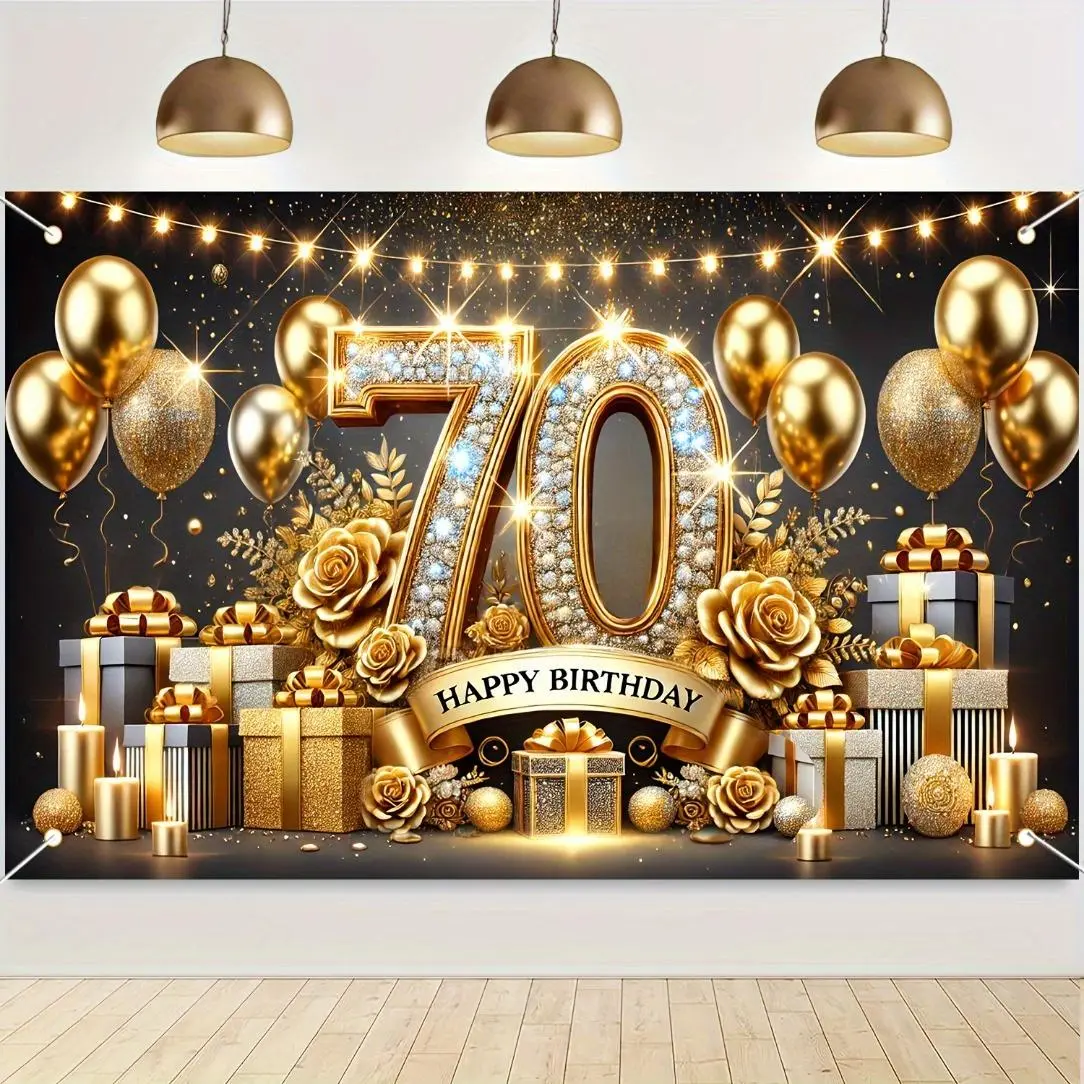 70th Birthday Party Decorative Banner, 1 Count Golden Rose and Balloon Design Birthday Backdrop, Party Background Decoration, Party Decoration Supplies for Home Office and Various Occasions, Ornaments, Party Decorations Banners