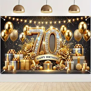 70th Birthday Party Banner, 1 Count Golden Rose and Balloon Design Birthday Backdrop, Party Decoration Supplies for Home Office and Various Occasions, Ornaments, Party Decorations Banners