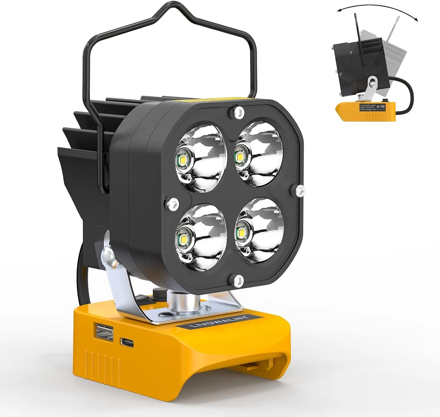 LED Work Light Compatible with DeWalt 20V Battery, 60W 8000LM Portable Flashlight Cordless Jobsite Light, USB & Type-C Fast Charging, Low Voltage Protection, Handle Design for Outdoors (Tool Only)| 8000LM
