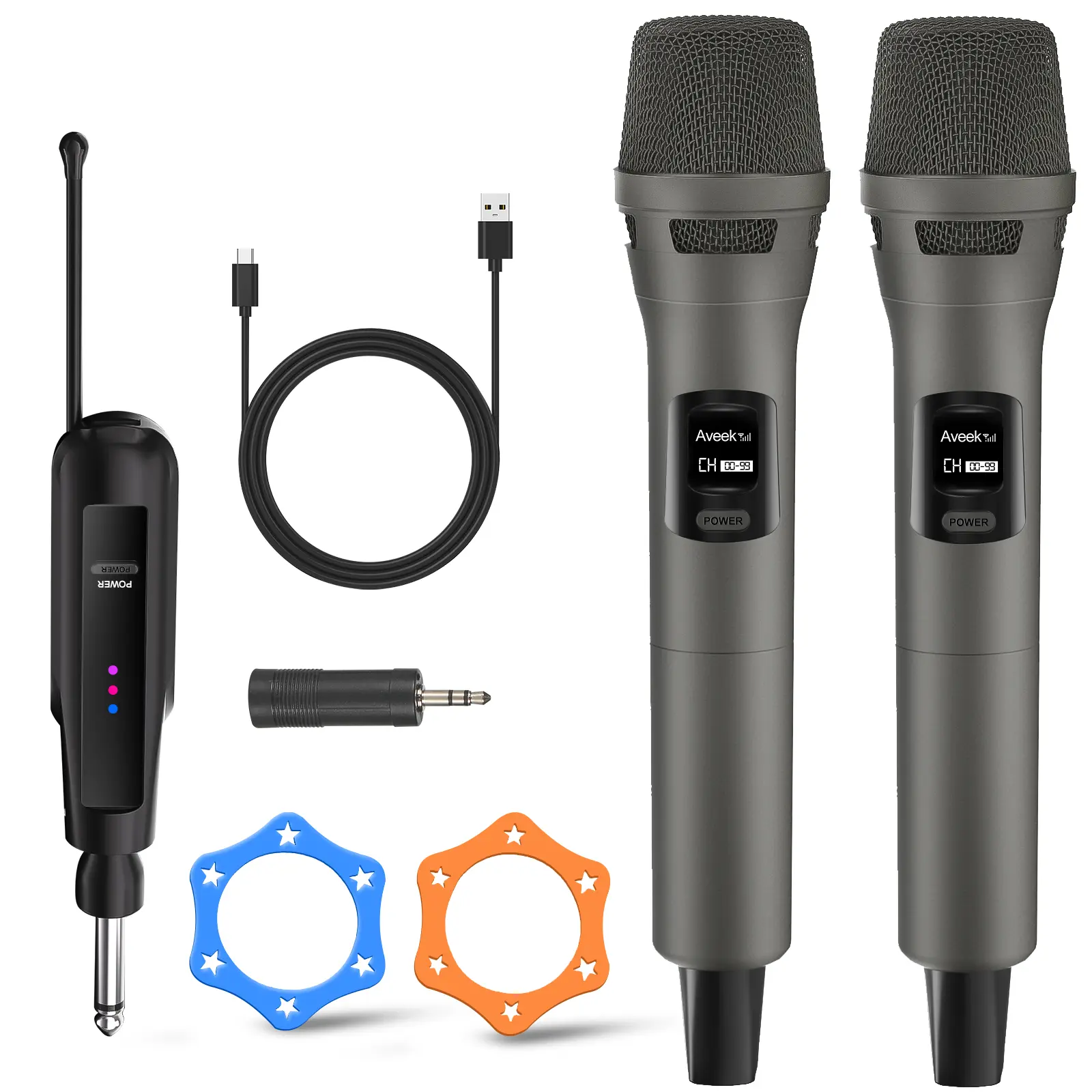Aveek 2-Pack Unisex Handheld Portable Lightweight Wireless Dynamic Microphones with Rechargeable Charging Cordless Plug-and-Play Receiver for Karaoke Machines, Weddings, Church Use (Grey)