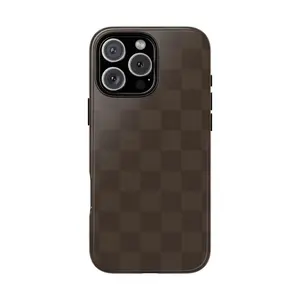 Chocolate Brown Checkered iPhone Case, Neutral Aesthetic Phone Cover for iPhone 16 15 14 13 12 11 Pro Max Plus X