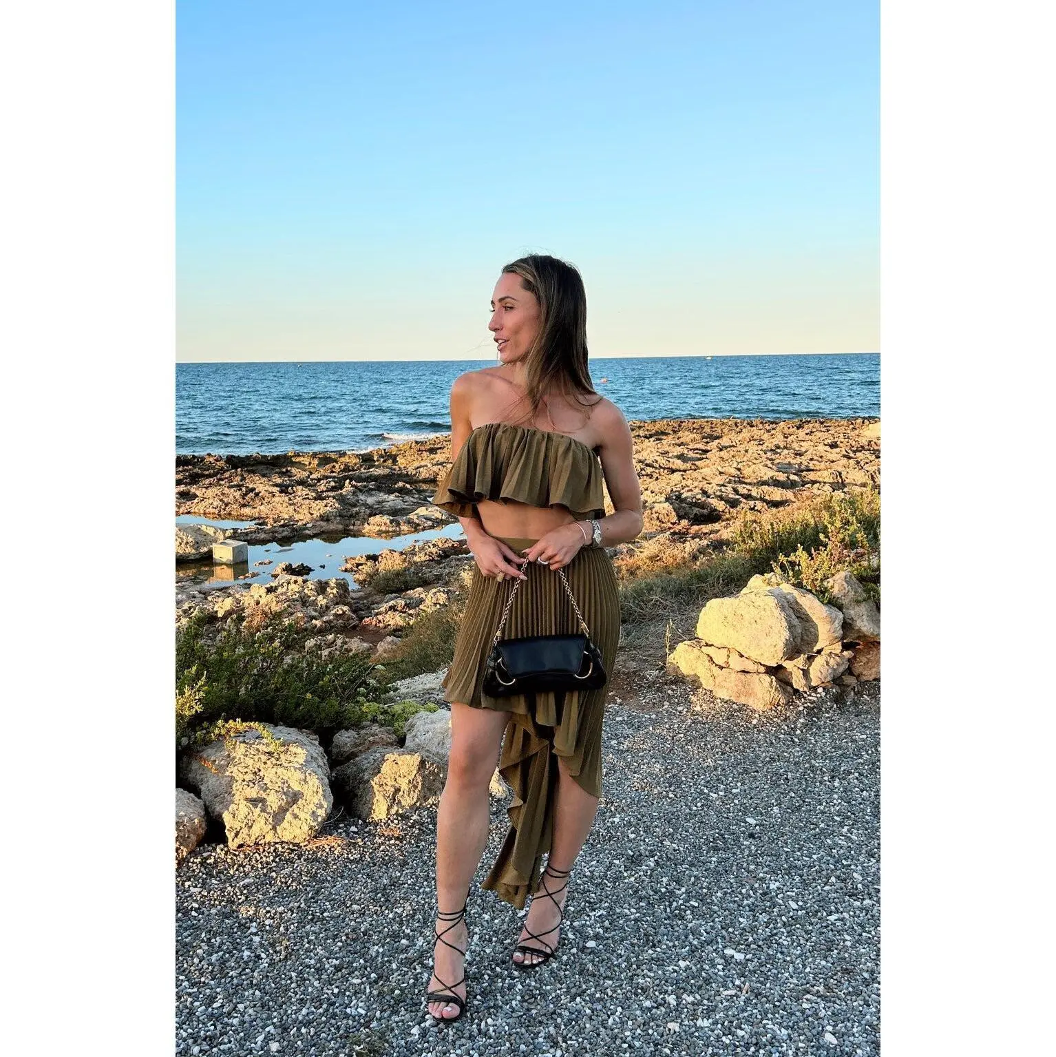 Lima Olive Asymmetrical Midi Skirt