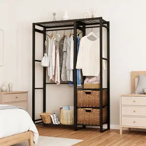 Acacia Wood Garment Racks with Shelves 2 Wicker Drawers and 4 Hooks Heavy Duty Closet Organizer for Hanging Clothes, Freestanding Closet Wardrobe Rack, Vintage Brown