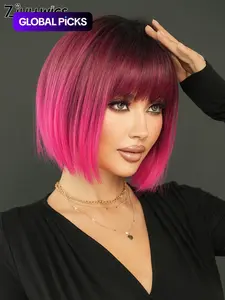 12-Inch Rose Ombre Machine-Made Glueless Bob Wig, Short Straight Wig with Bangs for Women, Gorgeous Fluffy Synthetic Wig, Beginner-Friendly for Party or Daily Use, Great Gift for Wife, Glueless Hair Wigs, Synthetic Material Wigs