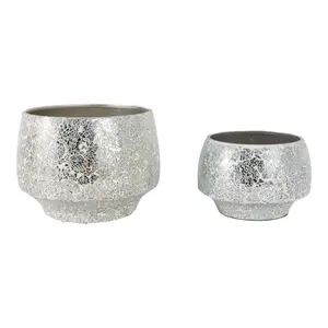 Sagebrook Home 20401-02 9-11 in. Curved Crackle Mosaic Planter, Silver - Set of 2