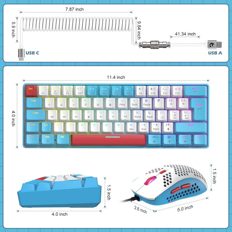 ZIYOU LANG T60 Wired Rainbow Backlit Mechanical Gaming Keybaord and Mouse Combo, 62 Keys Mini Portable Keyboard, 6400 DPI RGB Homeycomb Mouse, with Coiled Aviator C Cable for PS4/PC/WIN Gamer