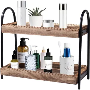 2 Tier Bathroom Countertop Organizer, Wood Bead Vanity Storage Shelf for Cosmetic Skincare Perfume, Multi-purpose Organizer for Bathroom Kitchen Coffee Station