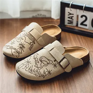Unisex Graffiti Printed Suede Mule Clogs, Soft Cork Sole Casual Backless Slip On Slippers Daily Wear