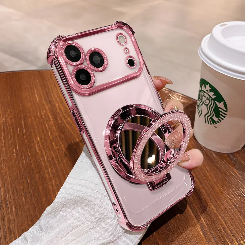 Women's Chrome Frame Phone Case for iPhone 17 ProMax-Pro-Air (IP 17Pro Compatible), Shock-Resistant Full-Body Cover with Transparent Base, Mirror, Stand, Reinforced Corners, Pink Mobile Accessory