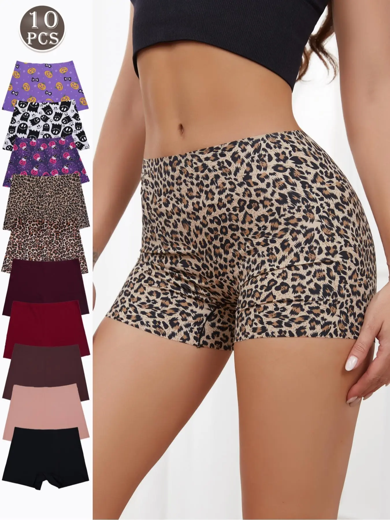 Women's Leopard Print Seamless Boyshorts, Soft Breathable Knicker, Casual Solid Color Natural Waist Panties Set, Comfy Breathable Underwear for Women, Seamless Breathable Design, Breathable Panty, Seamless Undergarment, Soft Fit Panty