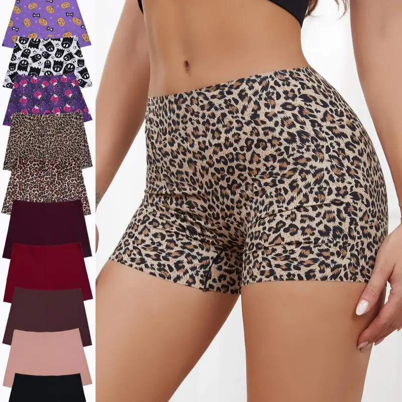 Women's Leopard Print Seamless Boyshorts, Soft Breathable Knicker, Casual Solid Color Natural Waist Panties Set, Comfy Breathable Underwear for Women, Seamless Breathable Design, Breathable Panty, Seamless Undergarment, Soft Fit Panty