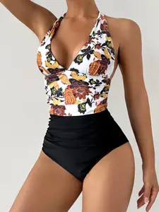 Women's Vintage Floral Print Deep V Backless One-Piece Swimsuit, High Waist Fit Swimwear, Comfortable Beach Wear, Stylish Bathing Suit