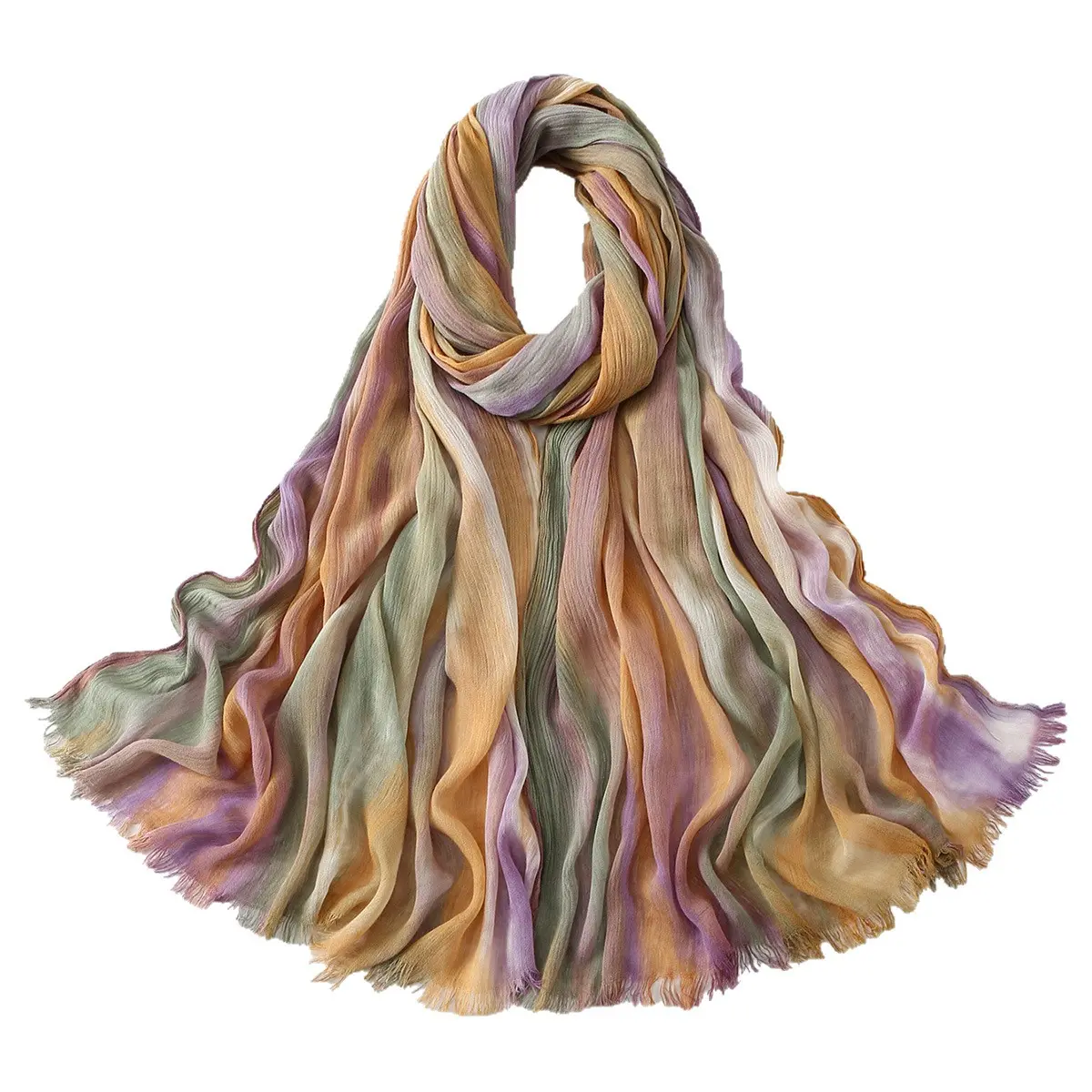 Women's Spring Rainbow Dirty-Dye Pleated Long Scarf - Ethnic Street Fashion Versatile Shawl, Abstract Scarves, Bold Color Scarves, Bright Color Scarves