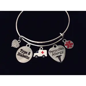 Medical Bracelet Jewelry Type 2 Diabetic Penicillin Allergy Charm Silver Expandable Adjustable Bangle Diabetes Medical Alert Jewelry One Size Fits All Gift Ambulance
