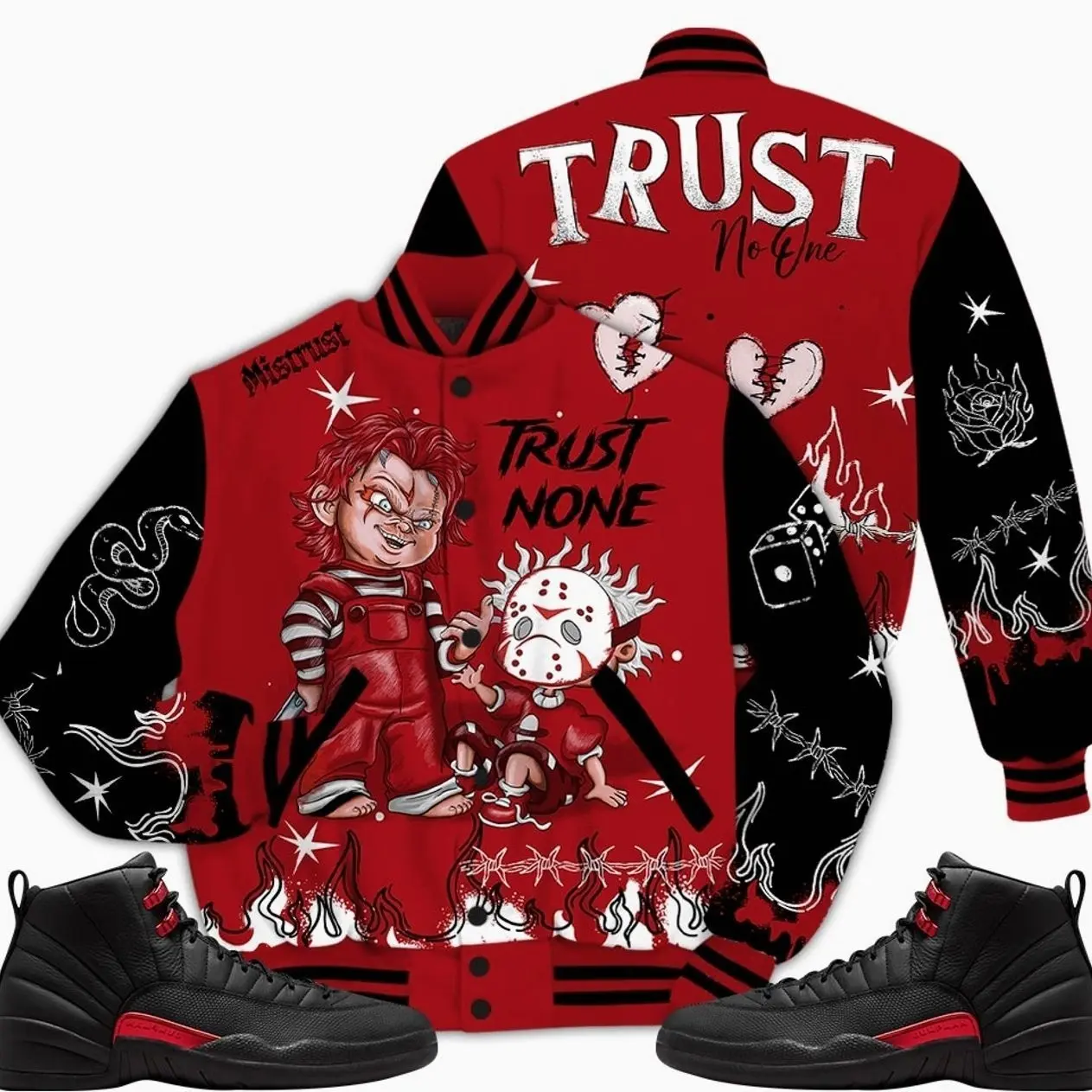 Bloodline 12s Outfit Varsity Jacket, Scary Trust No One Graffiti Streetwear Sneaker Matching Ideas