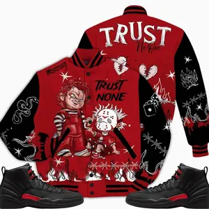 Bloodline 12s Outfit Varsity Jacket, Scary Trust No One Graffiti Streetwear Sneaker Matching Ideas