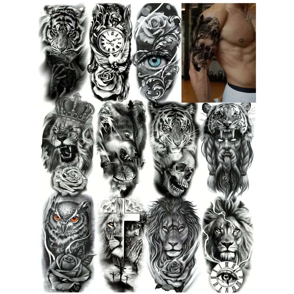 11pcs Forest & Skull Temporary Tattoo Stickers, Large Size Half Sleeve Tattoo Decal for Men and Women, Unique Body Art Design for Parties, Fake Tattoos, Ephemeral Tattoos, Arm Temporary Tattoos