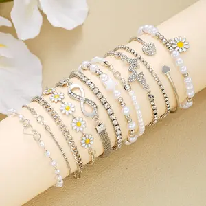 12-piece minimalist geometric daisy heart pearl bracelet set, a stylish stackable bracelet series, fashionable girl accessories and holiday gifts.