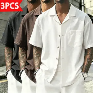 Men’s 3-Pack Casual Short-Sleeve Cuban Collar Shirts, Loose Fit, Breathable Textured Fabric, Summer Essential Versatile Tops