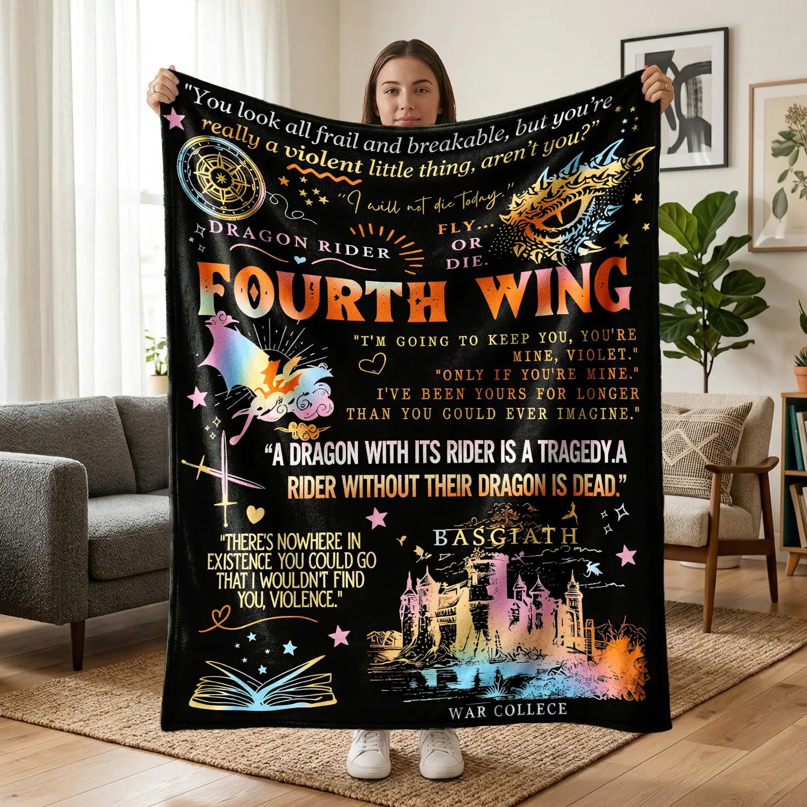1pc Fourth Wing Fantasy Novel Fleece Blanket, Black Background Gradient Dragon Castle, Classic Book Quote Collage Print. Soft Warm Multi-use Throw for Sofa, Bed, Office, Camping, Ideal Christmas & Book Lover Birthday Gift.