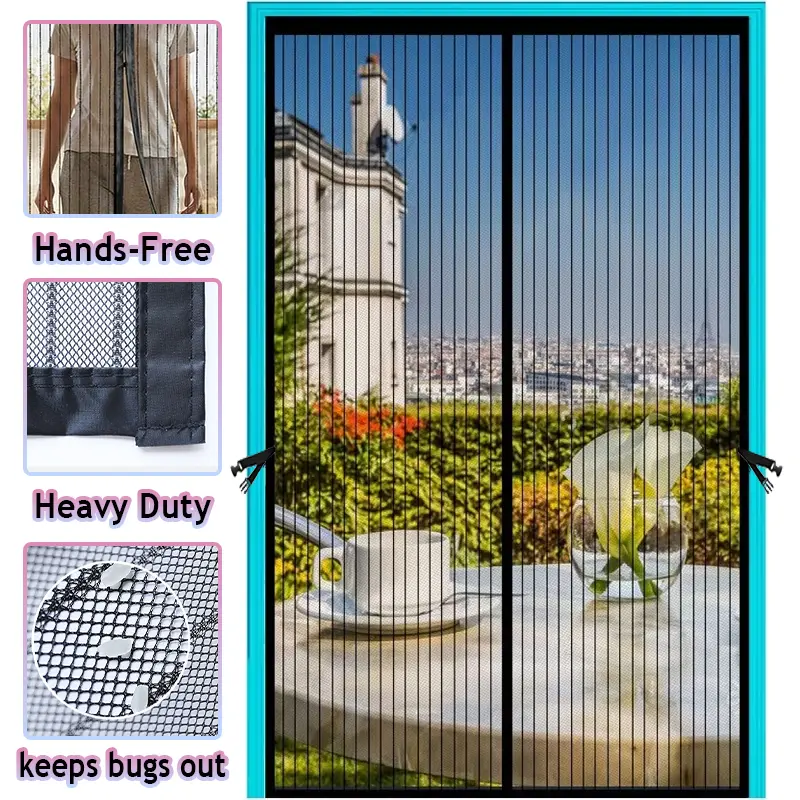 Heavy Duty Magnetic Screen Door with Magnetic Closure & Hands-Free Operation - Black Insect Proof Mesh Panel for Front/ Back Doors, Patio, Sliding Glass Doors - Easy Install, Pet Friendly Door Barrier, Anti-mosquito Retractable Screen Door