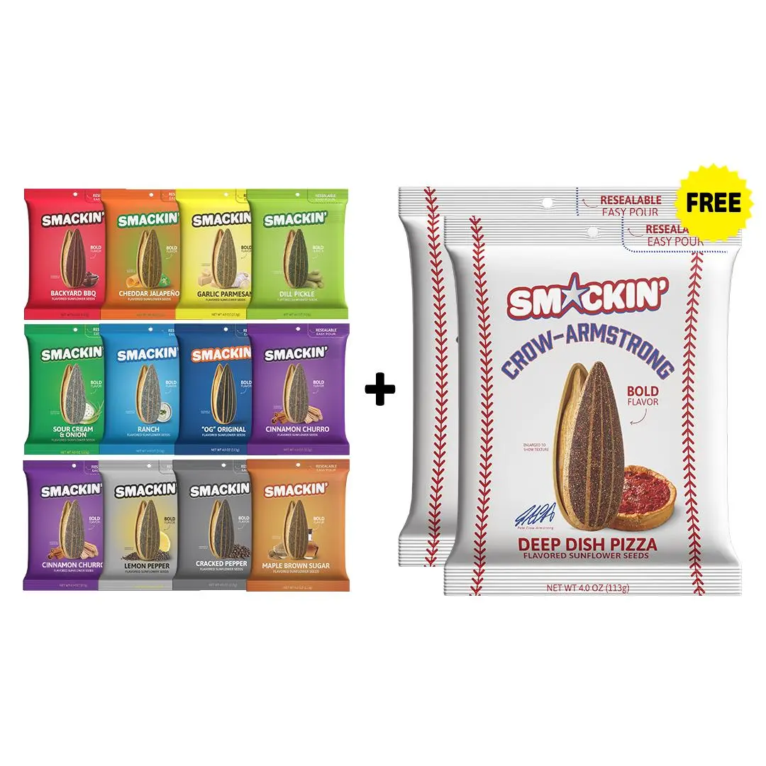 SMACKIN' Sunflower Seed 2 FREE BAGS + 12 Bag Variety Pack, Variety Flavors, Resealable 4 OZ Bags, No Salty Burn