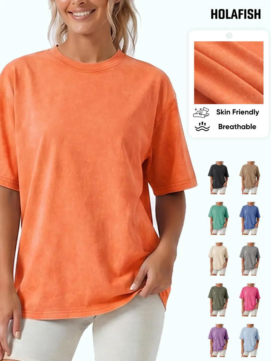 Holafish 1/2Pcs Acid Washed Vintage Basic Tshirt Unisex Relaxed Soft Cut Cotton Shirt For Summer 2026 Daily Picnic Vacation Breathable Tee