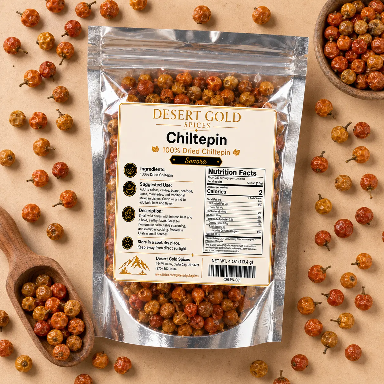 Desert Gold Spices Chiltepin – 2 oz (56.7 g) Resealable Refill Pouch | 100% Dried Chiltepin from Sonora, Mexico | Bold Spicy Chile for Salsas, Tacos, Caldos & Mexican Cooking
