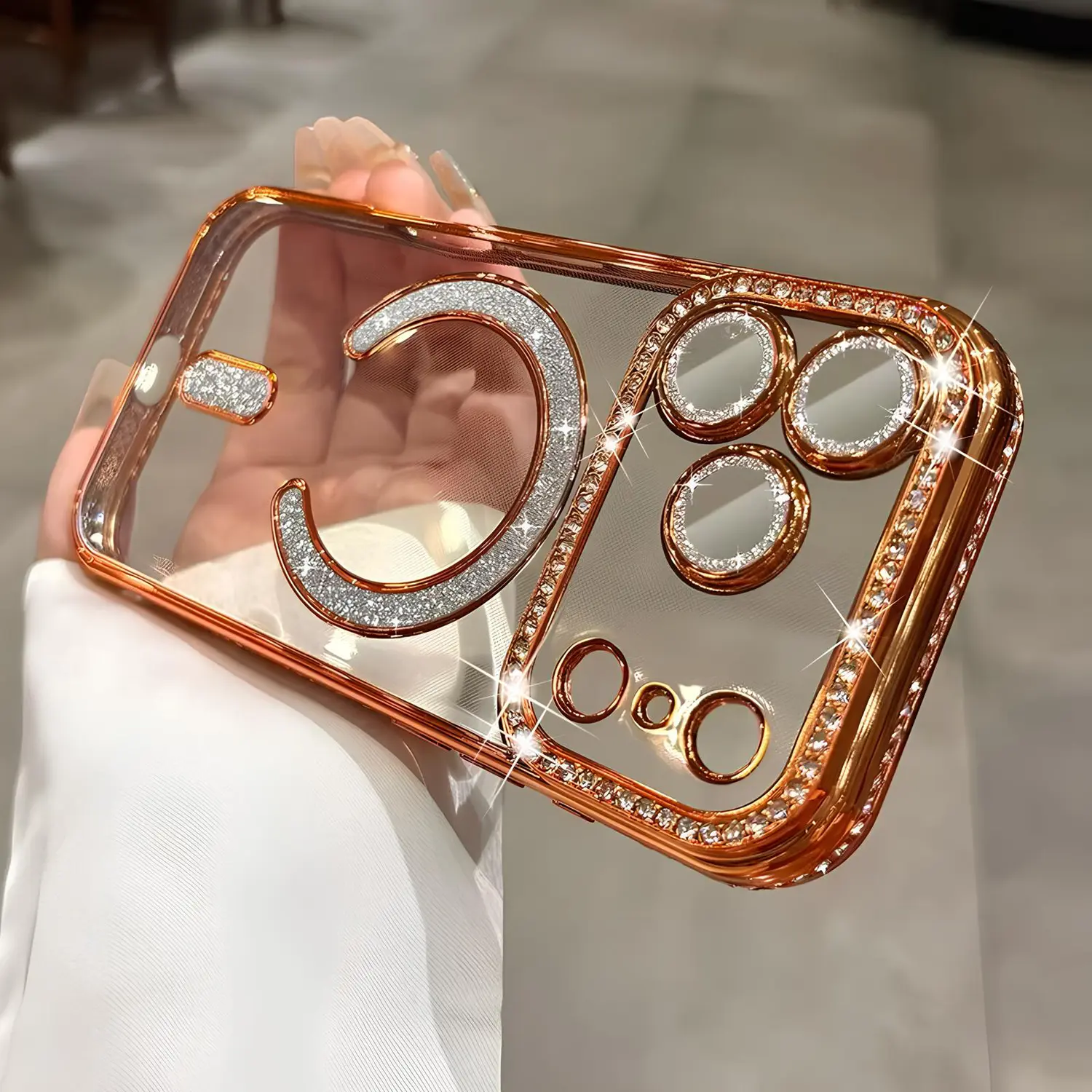 Clear Glitter Sparkle Diamond For 17 Pro Max 17 Air 17 Pro 17 Magnetic Case with Camera Lens Protector For MagSafe Charger Cover Soft TPU Cute Pretty Luxury Plating Shiny Bling Rhinestones Slim Bumper Phone Case for Women Girl High-end Creative, Accessori