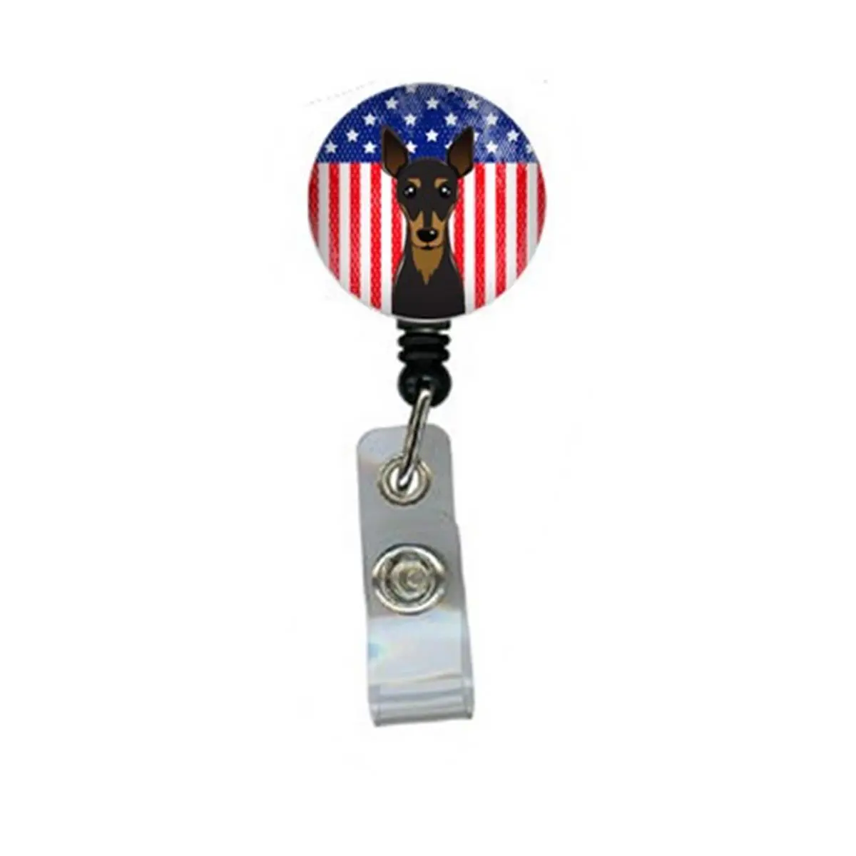 Carolines Treasures BB2170BR American Flag & Min Pin Retractable Badge Reel, Aluminum Construction, 5" H x 1" W x 2" L, Doming Finish