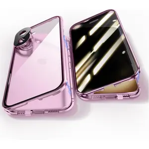 Anti-peep Privacy Screen Clear Back Cover Double-sided Glass Phone Case for iPhone 16 15 14 Plus 13 12 11 Pro Max Metal Bumper