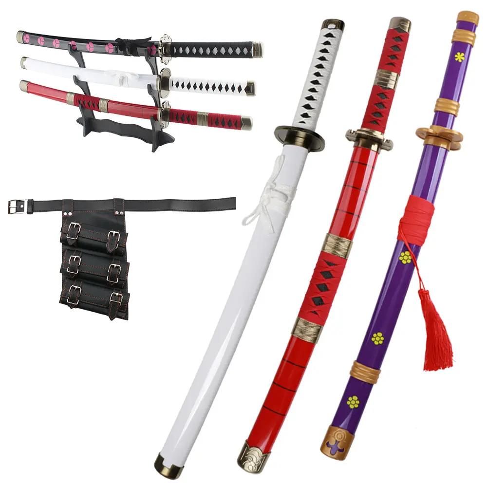 ELERVINO 31-in Roronoa Zoro Cosplay Bamboo Sword Set - Yama Enma, Wado Ichimonji, Sandai Kitetsu Swords with Black Belt, Holder Stand, Easy Handling, Plastic Accents for Ages 12+, Halloween, Birthdays, Decoration, Anime Props