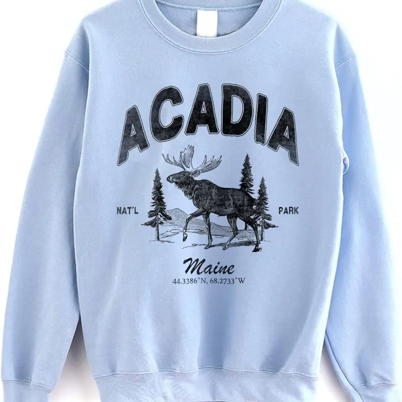 Acadia National Park Crewneck Sweatshirt - Moose Pine Tree Maine Camping Hiking Sweater
