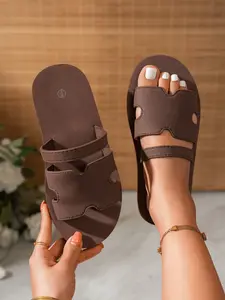 Spring Summer New Pure Color Women's Flat Sole Sandals, Fashion Casual Comfortable Outdoor Home Vacation Toe-Exposed Slippers, Ladies Slippers, Affordable Slippers