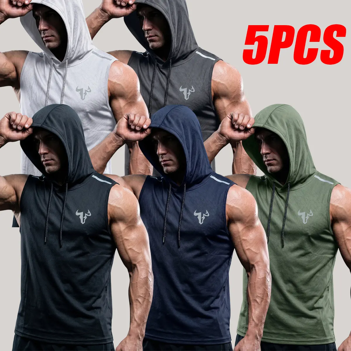 Men's 5-Pack Hooded Tank Tops, Sleeveless Dry Fit Activewear with Reflective Logo, Lightweight Breathable Polyester Tops for Gym & Fitness, Athletic Active Tops
